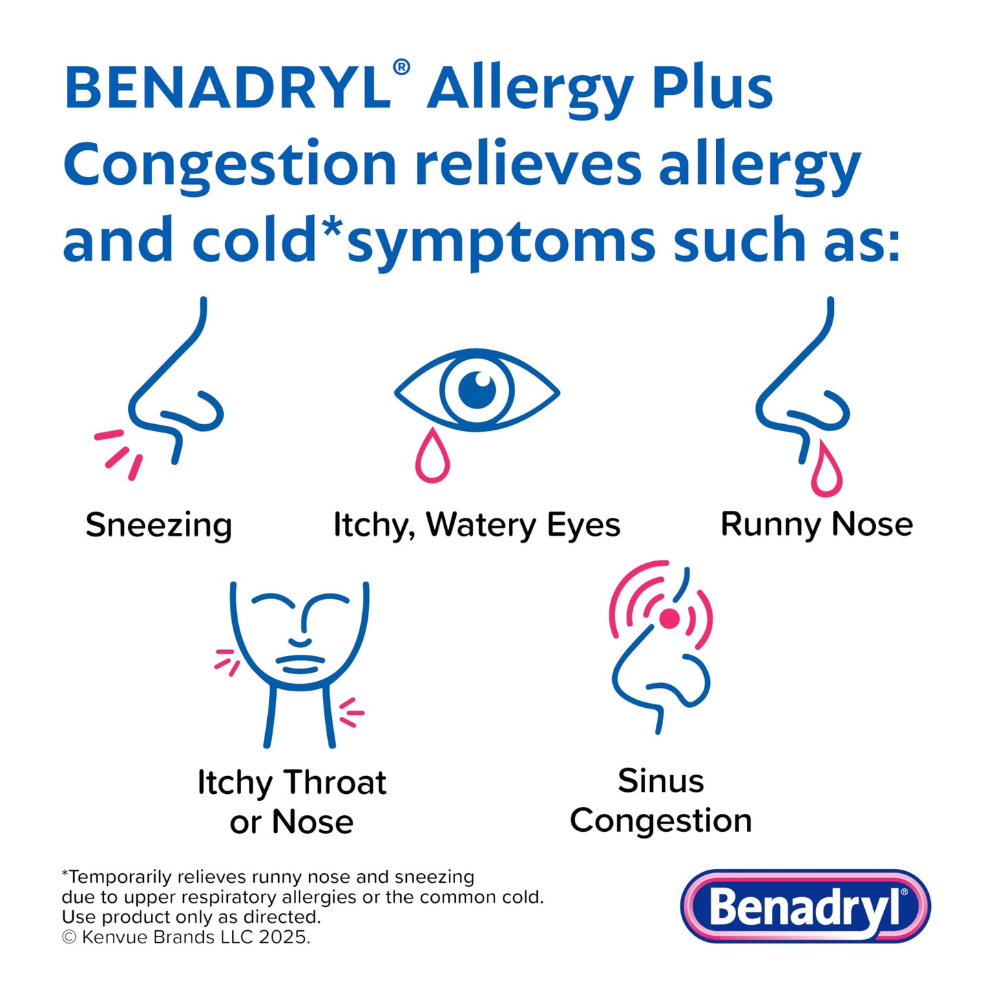 Imported Benadryl blue allergy pills for sinus pressure and runny nose relief