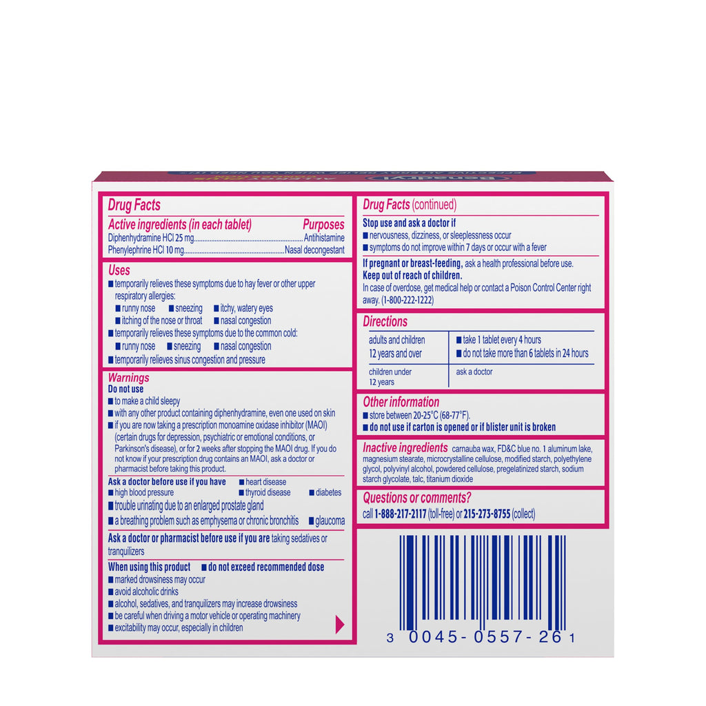 Benadryl fast acting hay fever and upper respiratory allergy treatment packaging