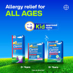 Bayer Children's Claritin grape flavor antihistamine tablets packaging close up