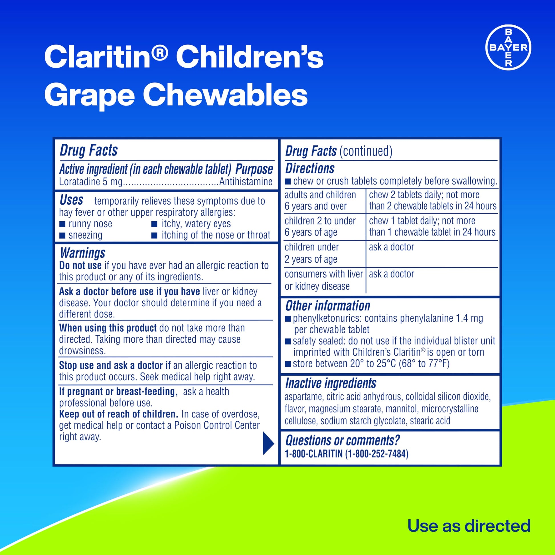 Claritin kids seasonal allergy defense chewable medicine facts panel
