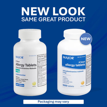 Major allergy relief tablets showing active ingredient label information