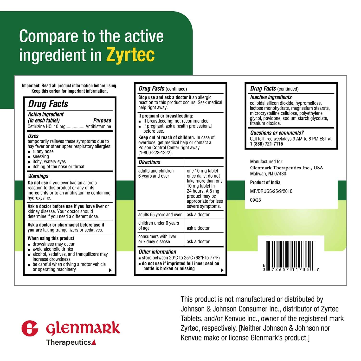 Glenmark Therapeutics Cetirizine Hydrochloride 10mg packaging displaying drug facts and usage instructions