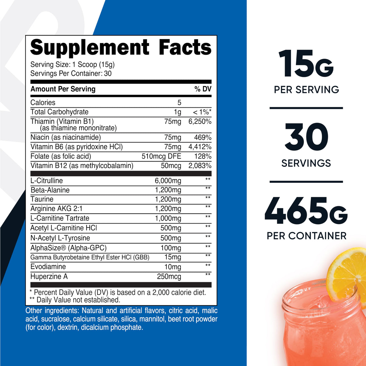 Nutricost caffeine free pre workout powder scooper and pink lemonade flavor graphics.