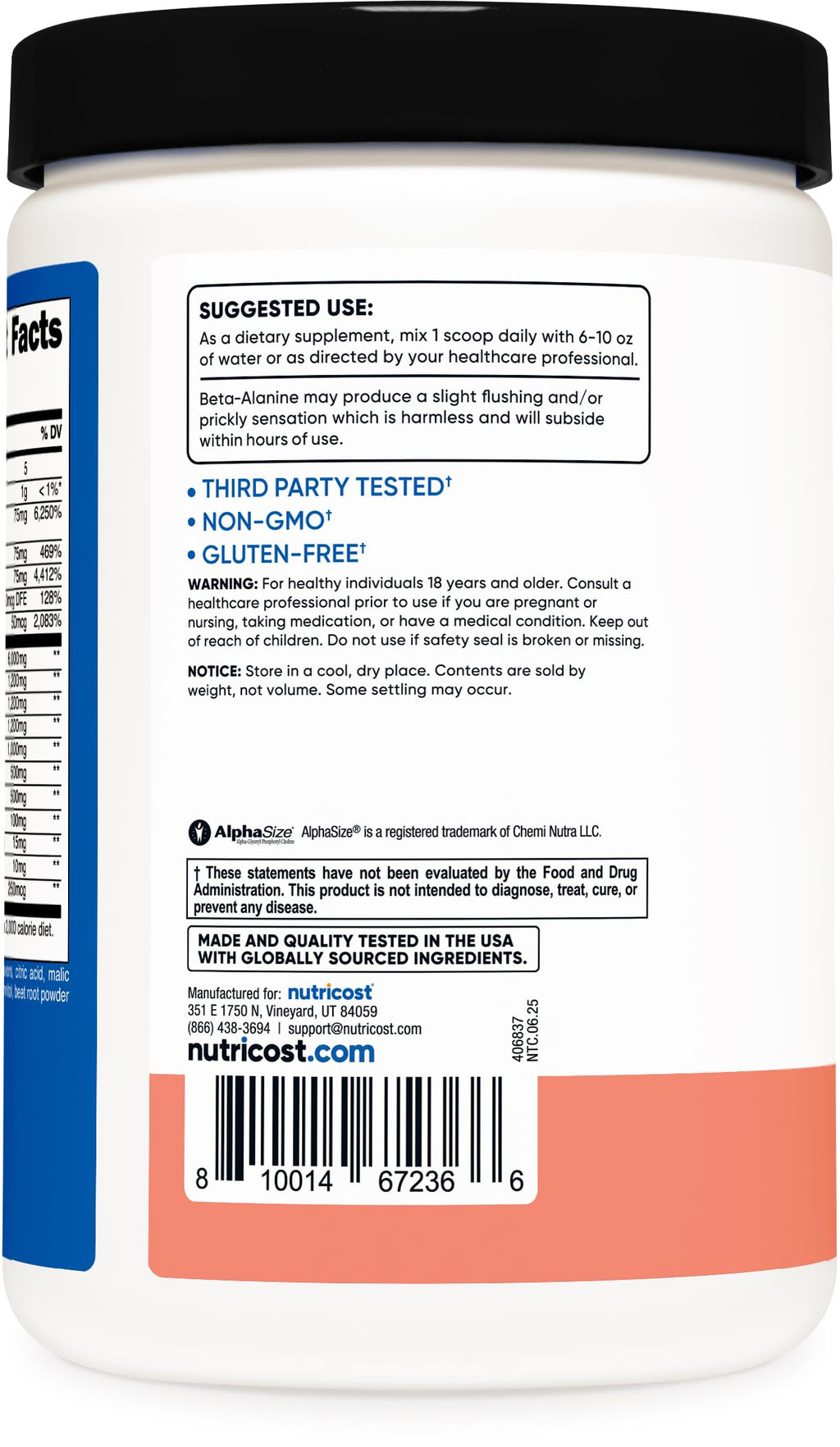 Nutricost non-GMO and gluten free pre workout fitness supplement certification seals close up.