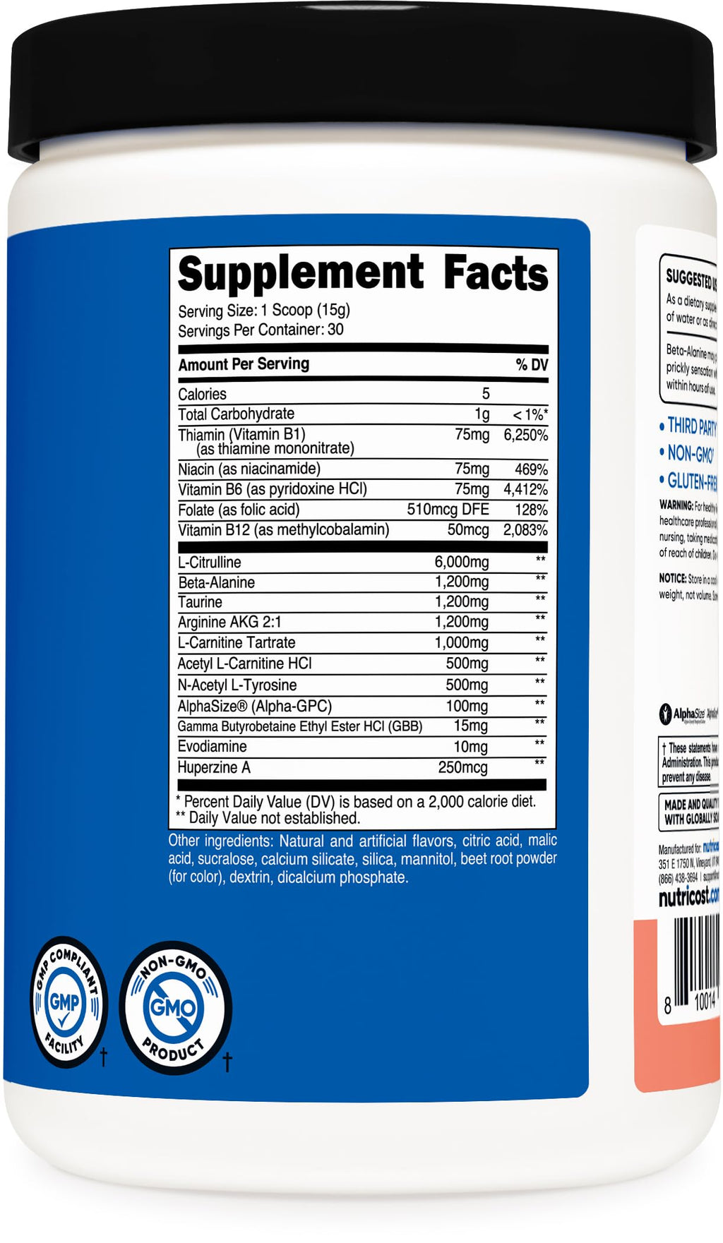 Nutricost pre workout thirty servings container angle view illustrating product weight information.