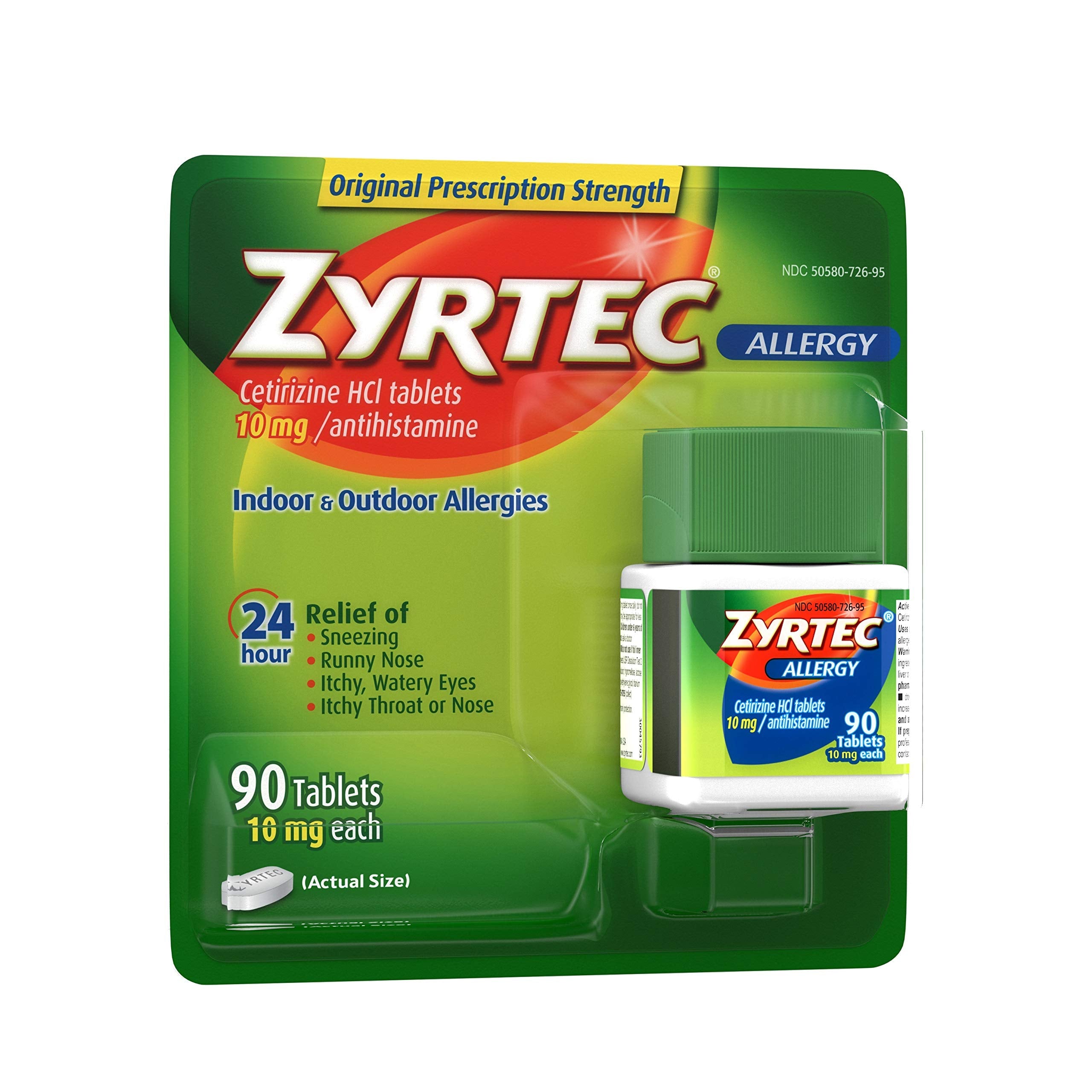 Zyrtec cetirizine hydrochloride 10mg antihistamine tablets bottle showing 24 hour multi symptom defense