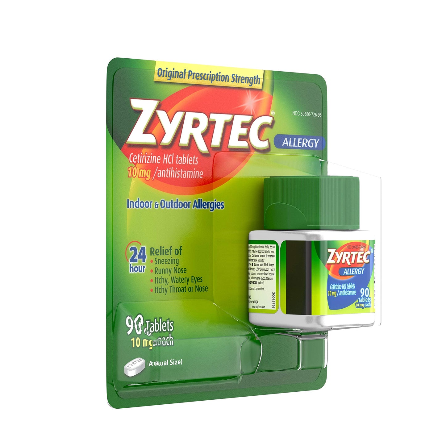 Zyrtec imported USA allergy medicine 90 count bottle side panel with drug facts and warnings
