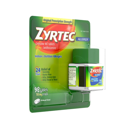 Zyrtec imported USA allergy medicine 90 count bottle side panel with drug facts and warnings