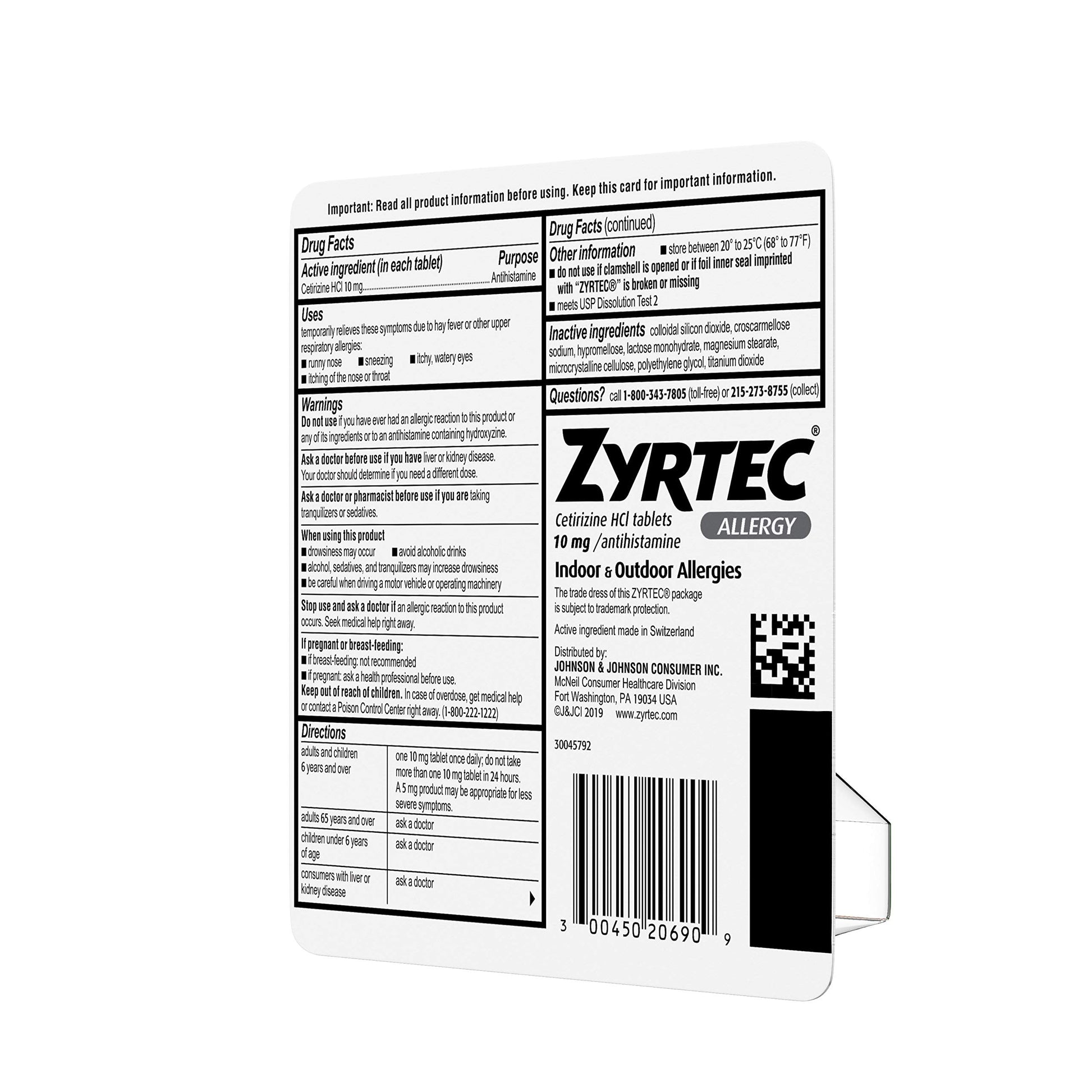 Zyrtec 90 count allergy tablets container for seasonal and pet allergy management