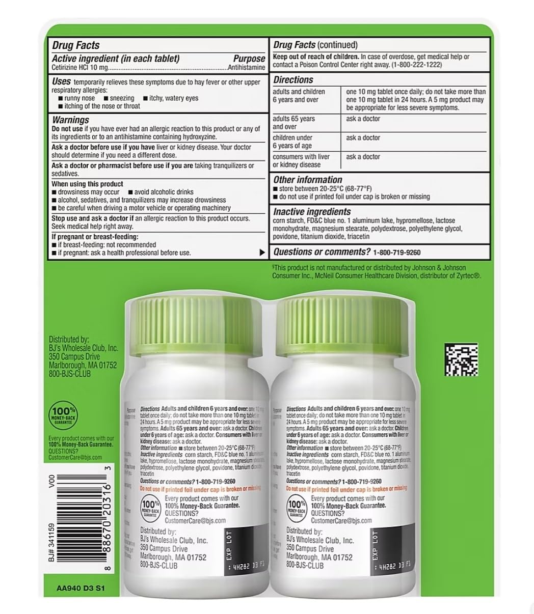 Berkley Jensen 10 mg Cetirizine Hydrochloride antihistamine supplement label showing active ingredients