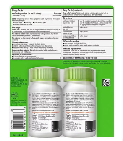 Berkley Jensen 10 mg Cetirizine Hydrochloride antihistamine supplement label showing active ingredients