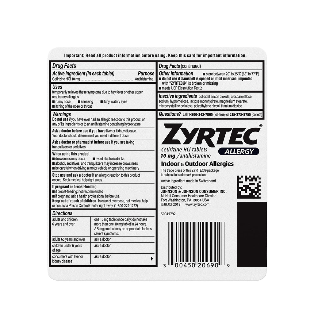 Zyrtec cetirizine hcl 10mg round allergy relief tablets showing actual pill size and form