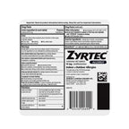 Zyrtec cetirizine hcl 10mg round allergy relief tablets showing actual pill size and form
