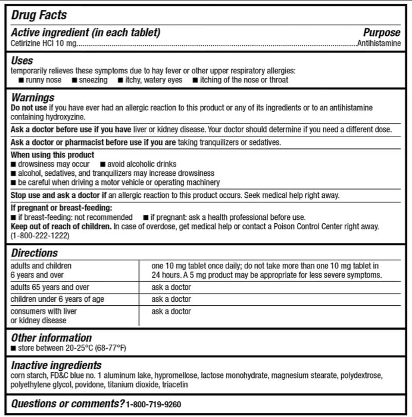 Authentic Berkley Jensen 24 hour cetirizine tablets value size container side view details