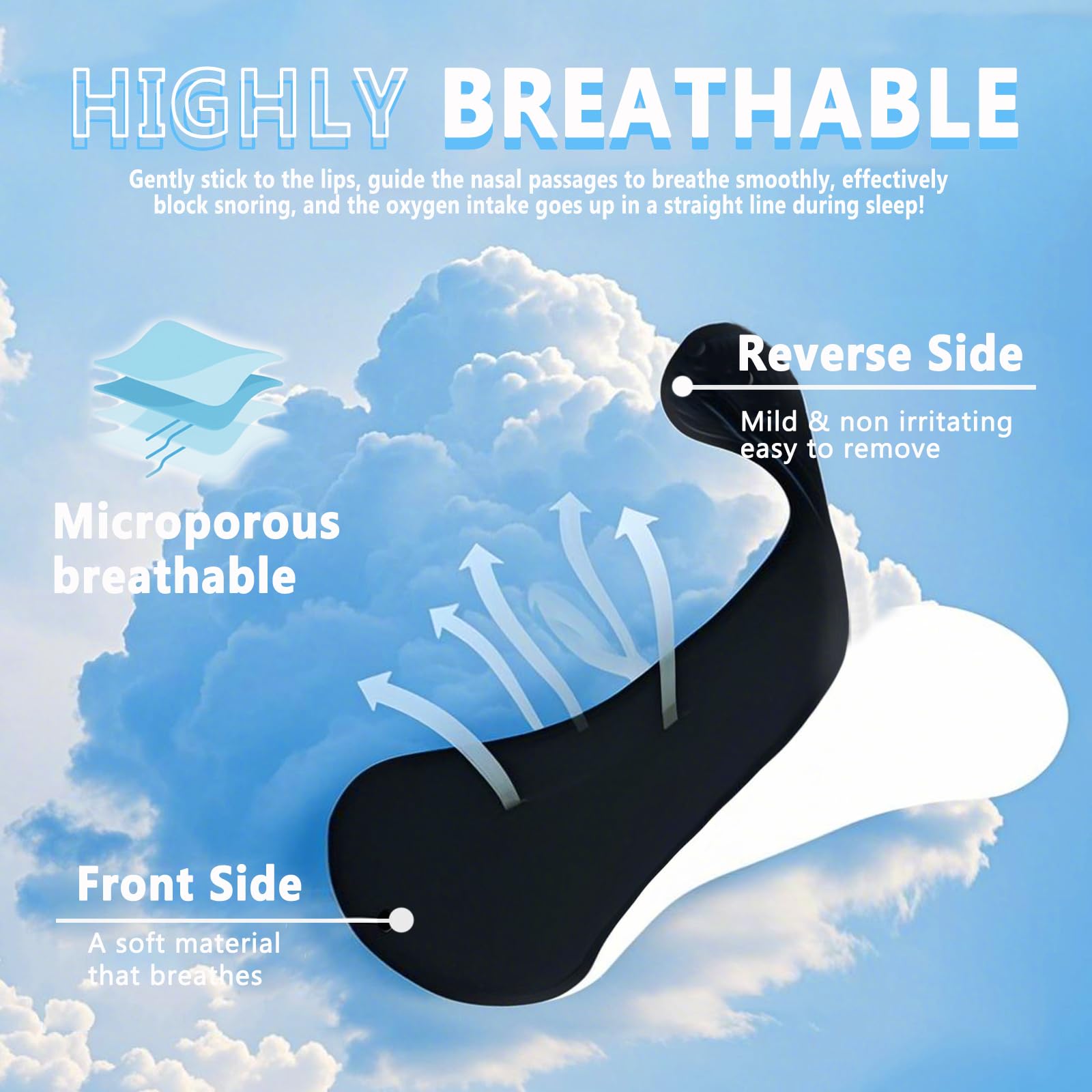 Black anti snoring nose tape applied to the nasal bridge demonstrating natural airway expansion.