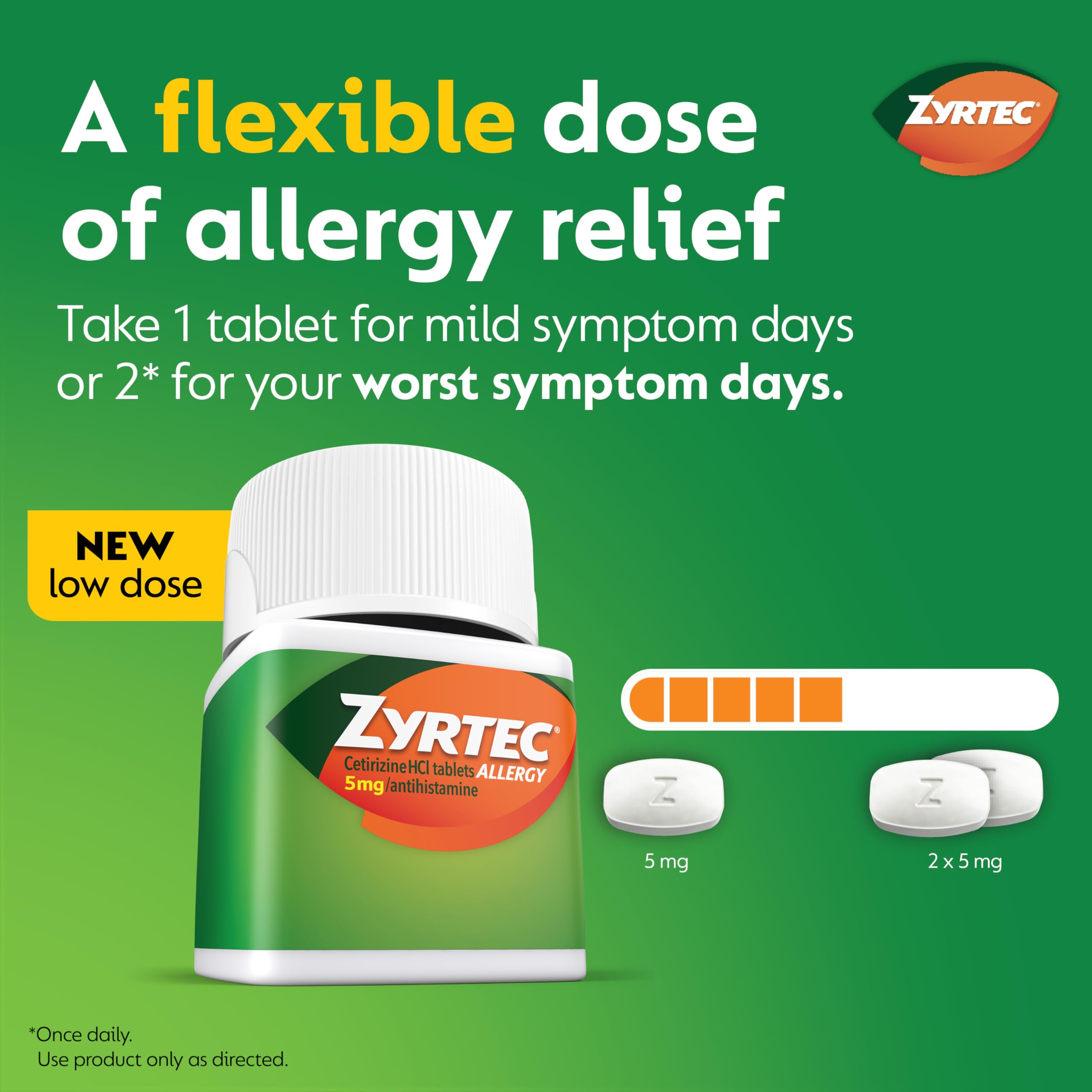 Zyrtec Cetirizine Hydrochloride 5 mg tablets bottle label detailing 24 hour runny nose and sneezing relief.