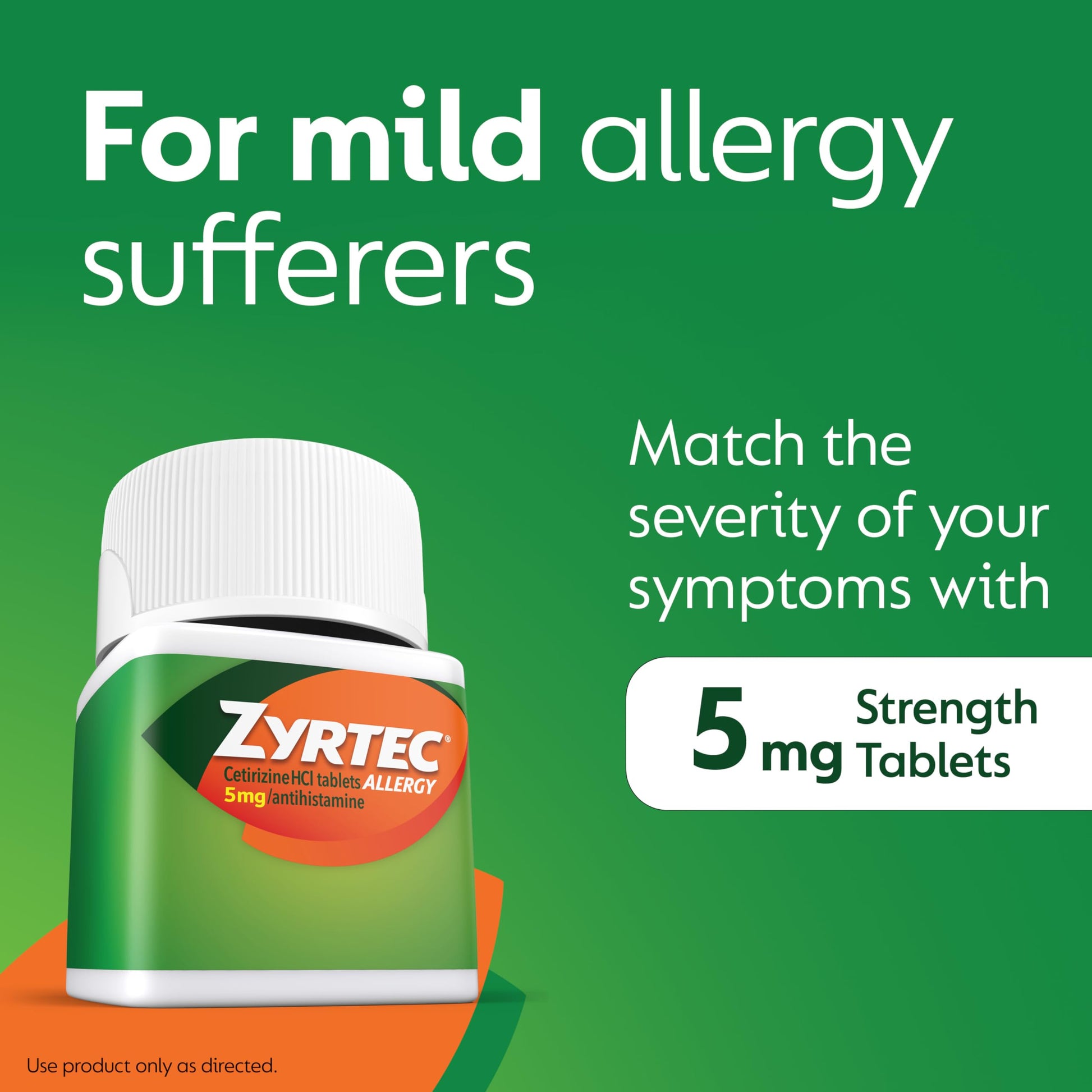 Zyrtec low dose allergy relief tablets back label showing flexible dosing instructions for adults.