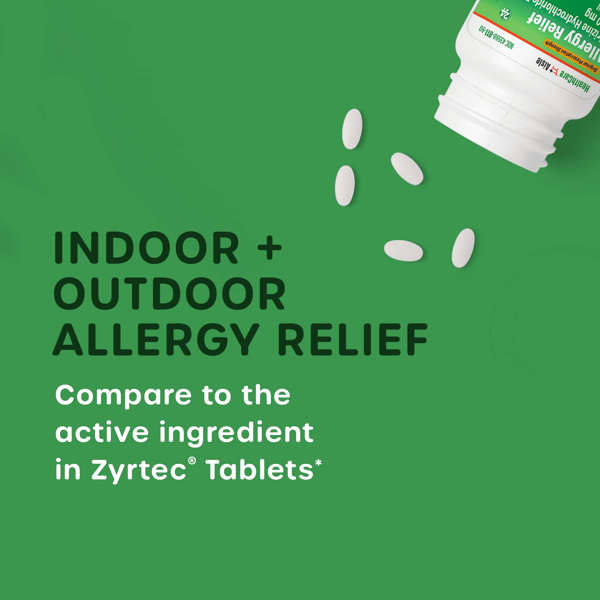 Side view of HealthCareAisle Cetirizine Hydrochloride 10mg bottle highlighting the 24-hour relief benefit statement.