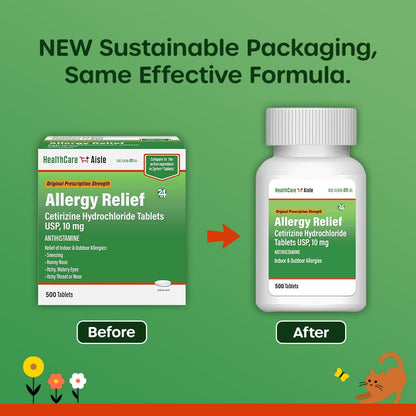 Back label of HealthCareAisle 500 tablets allergy medication detailing active ingredients and drug facts information.