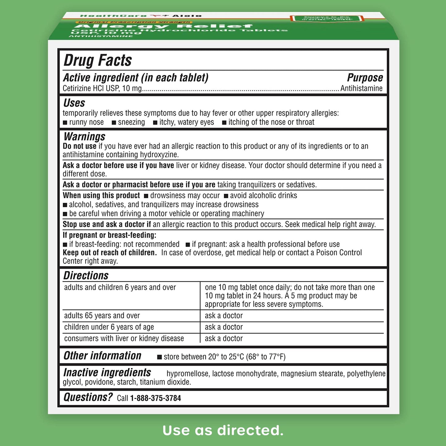The complete packaging layout of the USA imported HealthCareAisle 10mg antihistamine tablets for indoor and outdoor allergies.