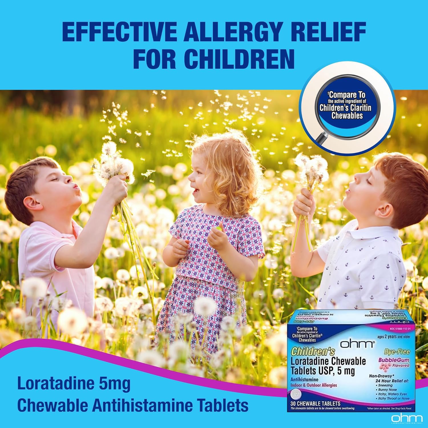 Ohm non-drowsy Loratadine five milligram chewable tablets side panel with dosage instructions.