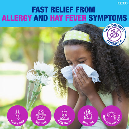 Ohm pediatric allergy relief thirty count bottle showcasing the dye-free product claim.