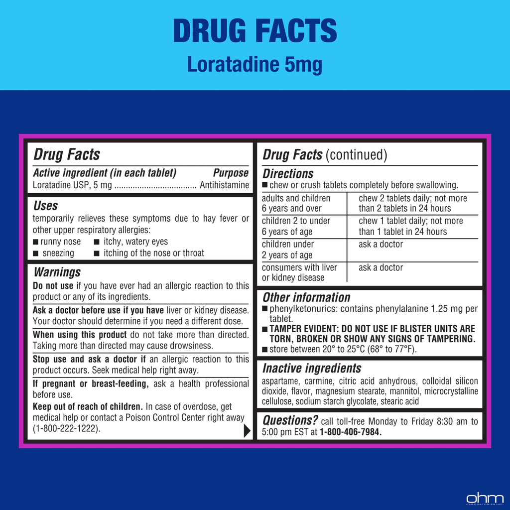 Ohm authentic USA imported children's allergy tablets bottom showing expiry information.