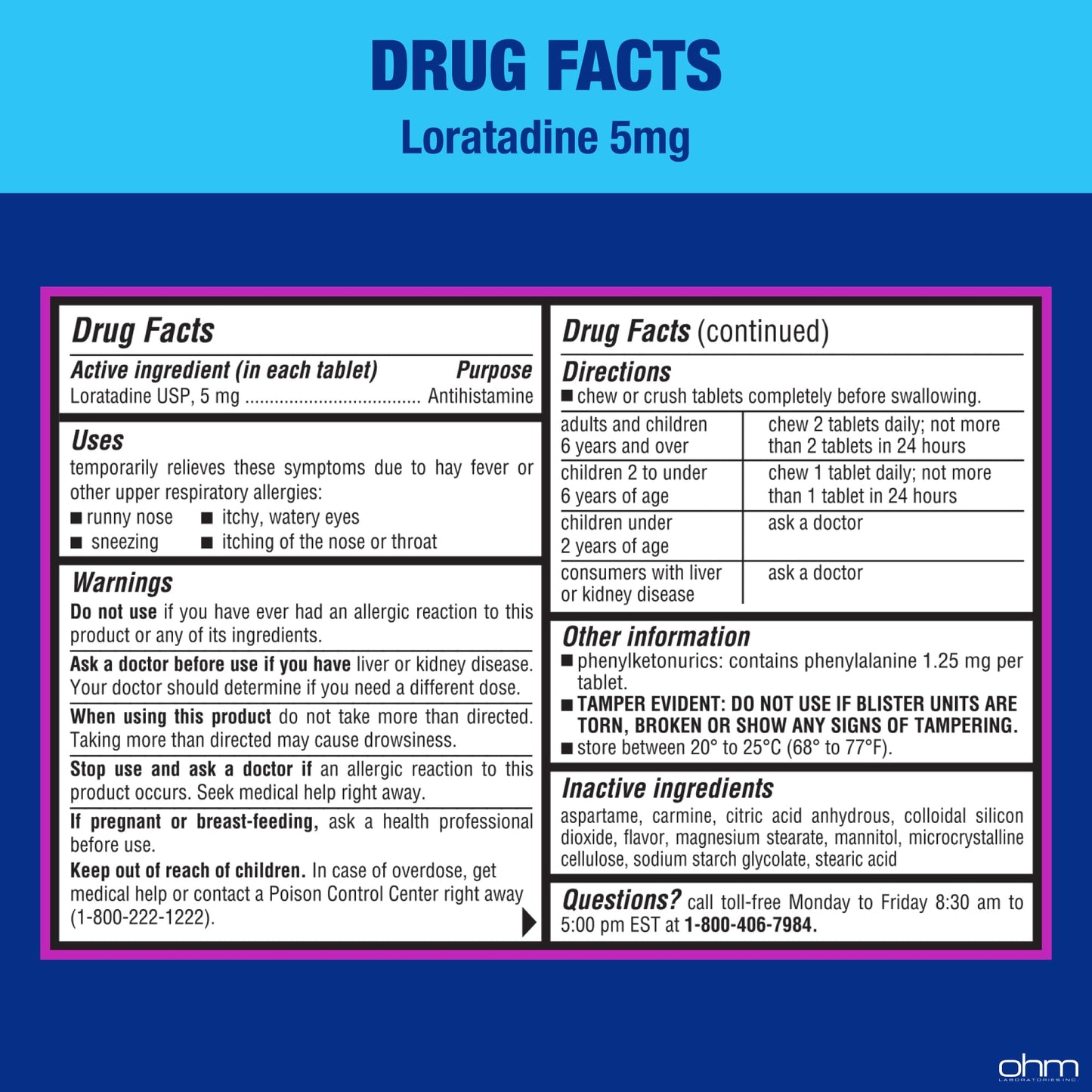 Ohm authentic USA imported children's allergy tablets bottom showing expiry information.