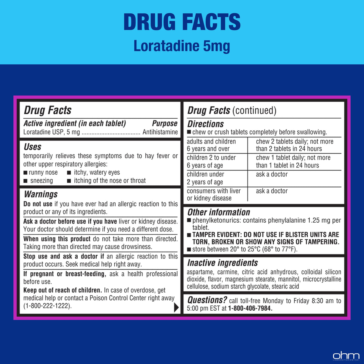 Ohm authentic USA imported children's allergy tablets bottom showing expiry information.