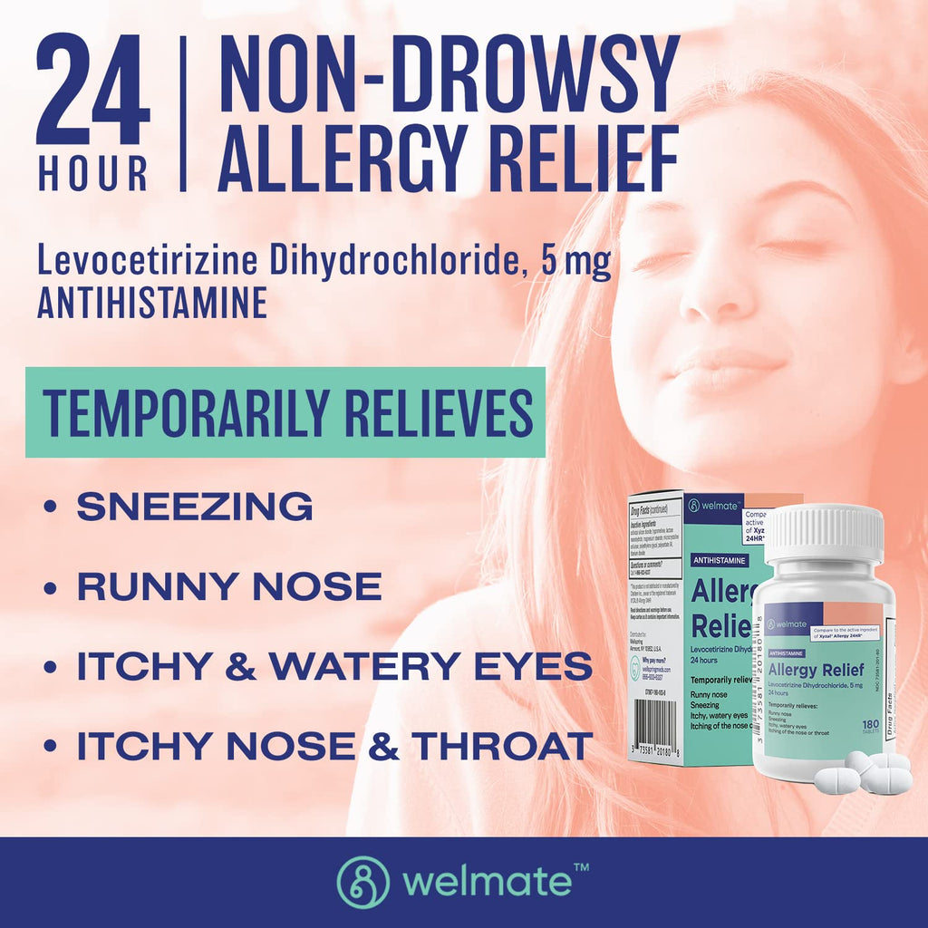 Side angle view of 180 count allergy medicine bottle highlighting the generic formulation details.
