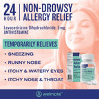 Side angle view of 180 count allergy medicine bottle highlighting the generic formulation details.