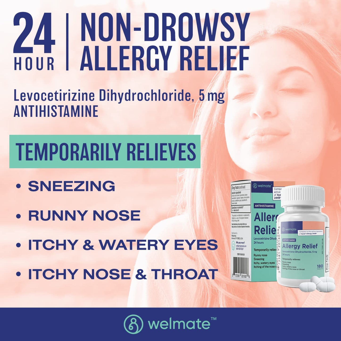 Side angle view of 180 count allergy medicine bottle highlighting the generic formulation details.