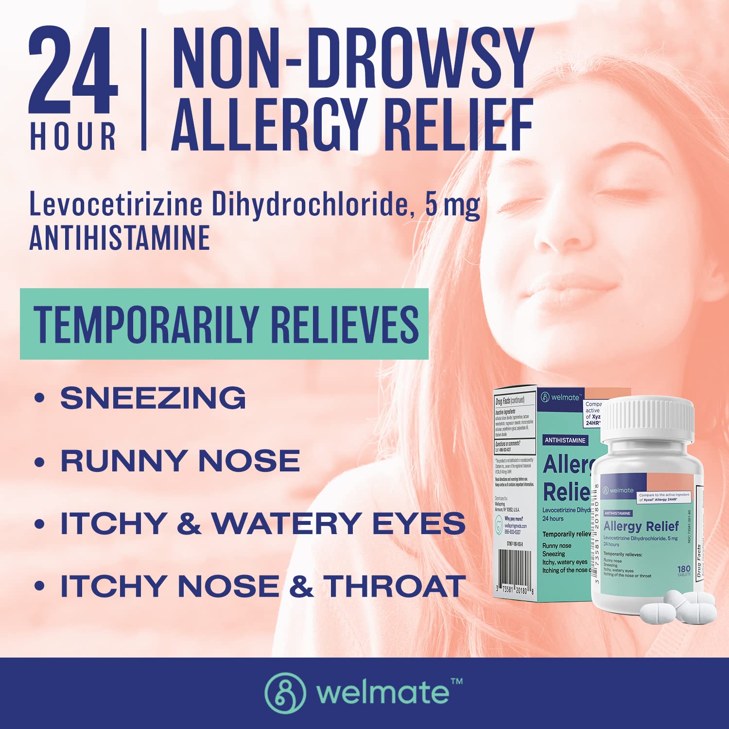 Side angle view of 180 count allergy medicine bottle highlighting the generic formulation details.