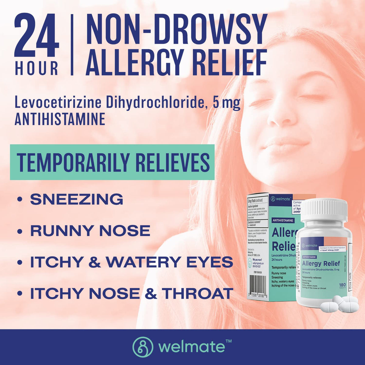 Side angle view of 180 count allergy medicine bottle highlighting the generic formulation details.