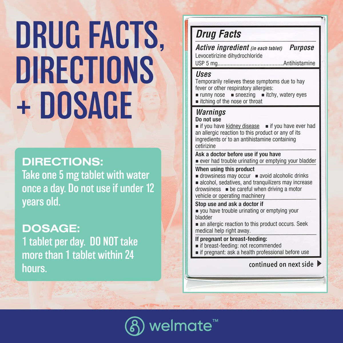 Close up view of the back label on WELMATE levocetirizine showing complete drug facts and ingredients.
