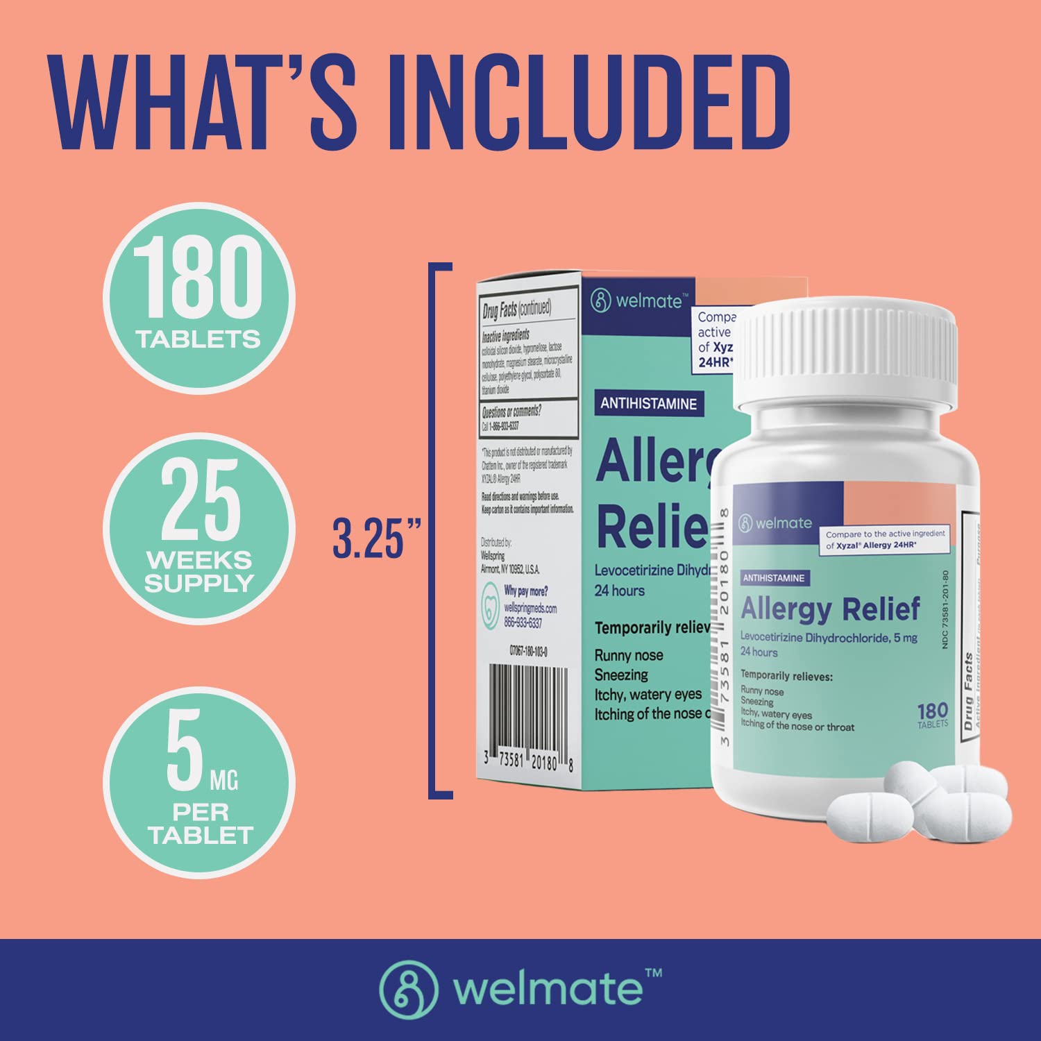 Authentic imported USA allergy relief tablets container displayed on a clean medical backdrop.