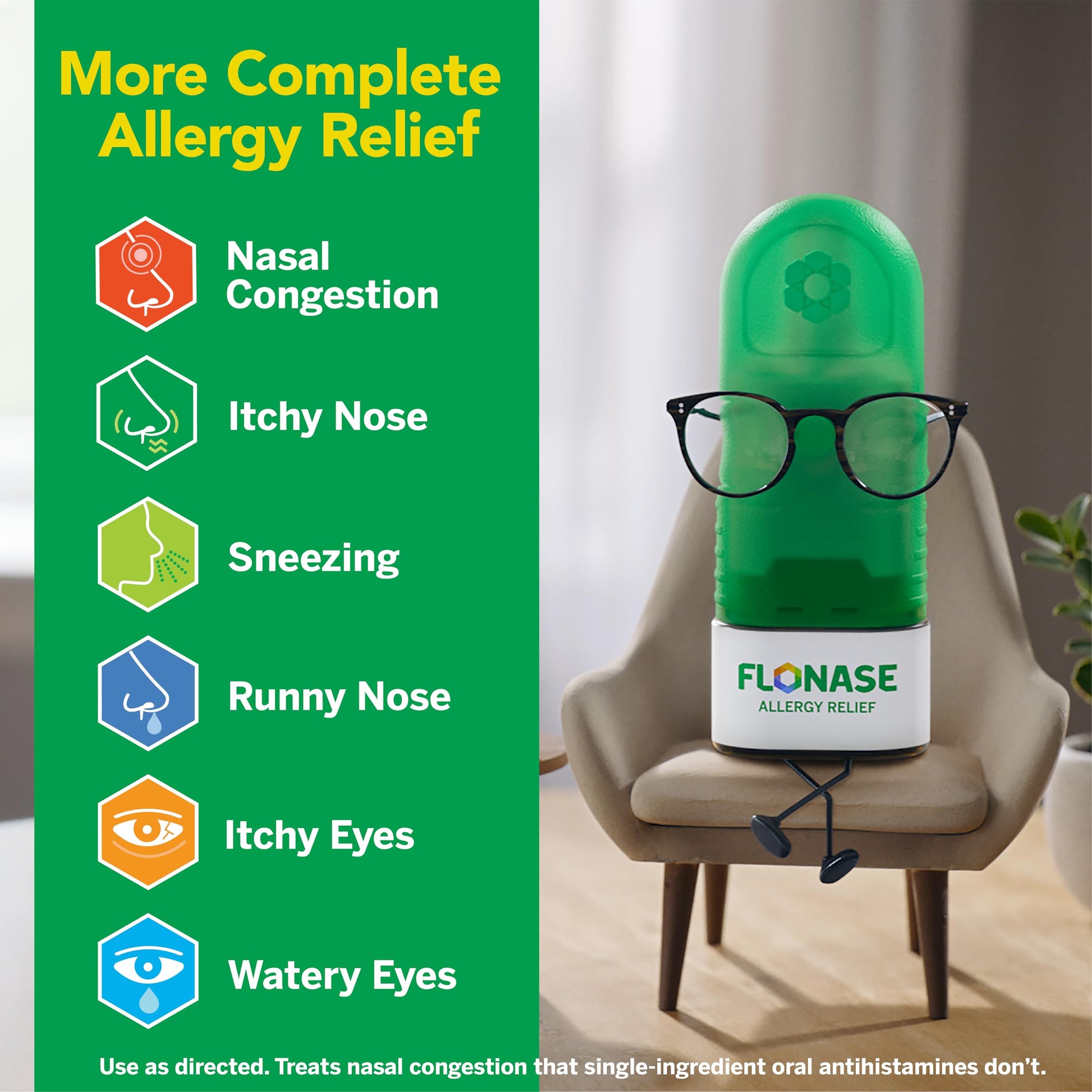 USA imported Flonase allergy spray bottle showing metered spray mechanism and green protective cap