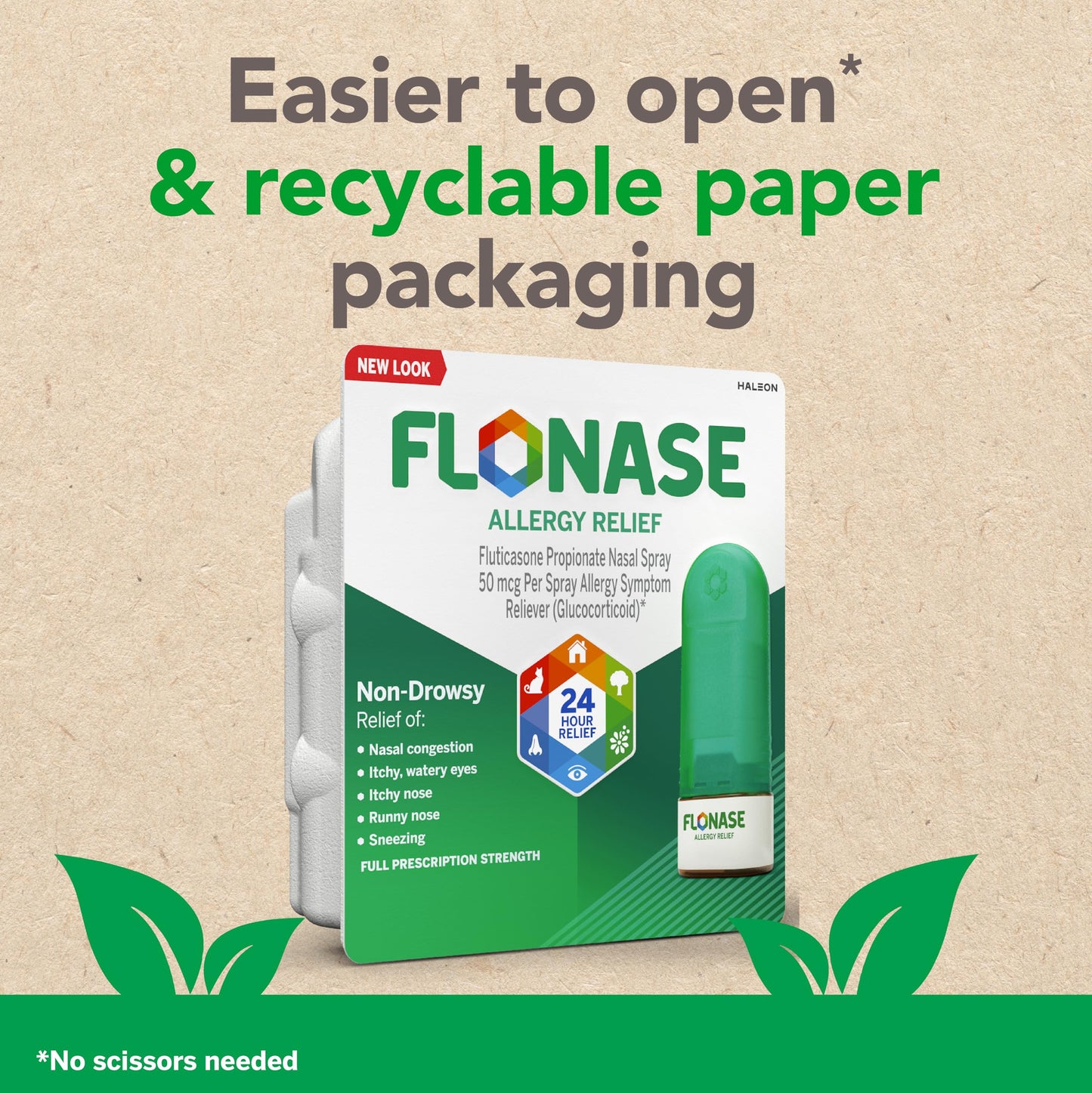 Authentic Flonase nasal spray box demonstrating relief from congestion sneezing and watery eyes