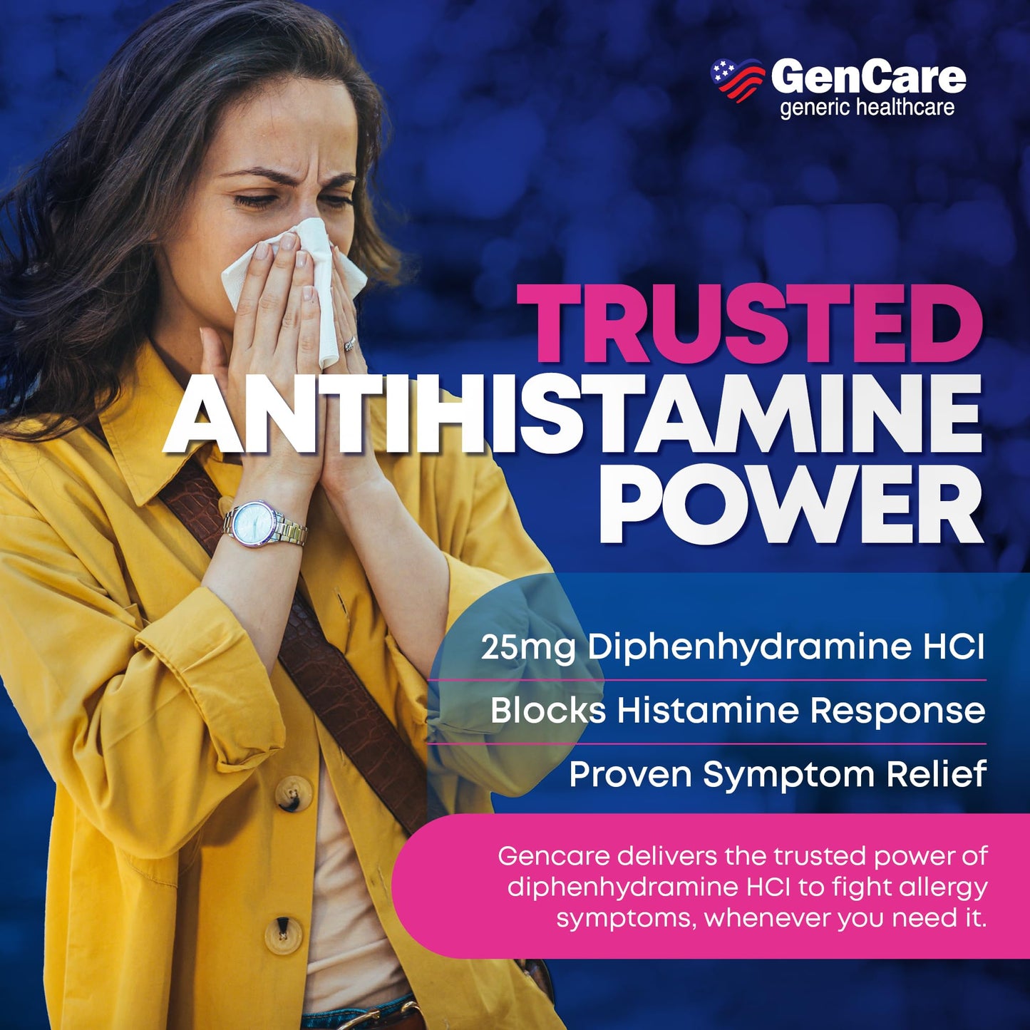 Imported GenCare diphenhydramine hydrochloride 25mg bottle packaging details.