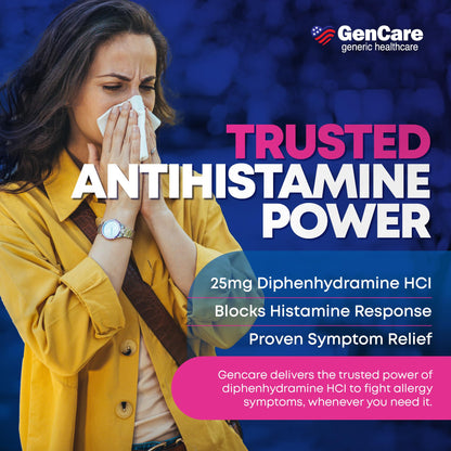 Imported GenCare diphenhydramine hydrochloride 25mg bottle packaging details.