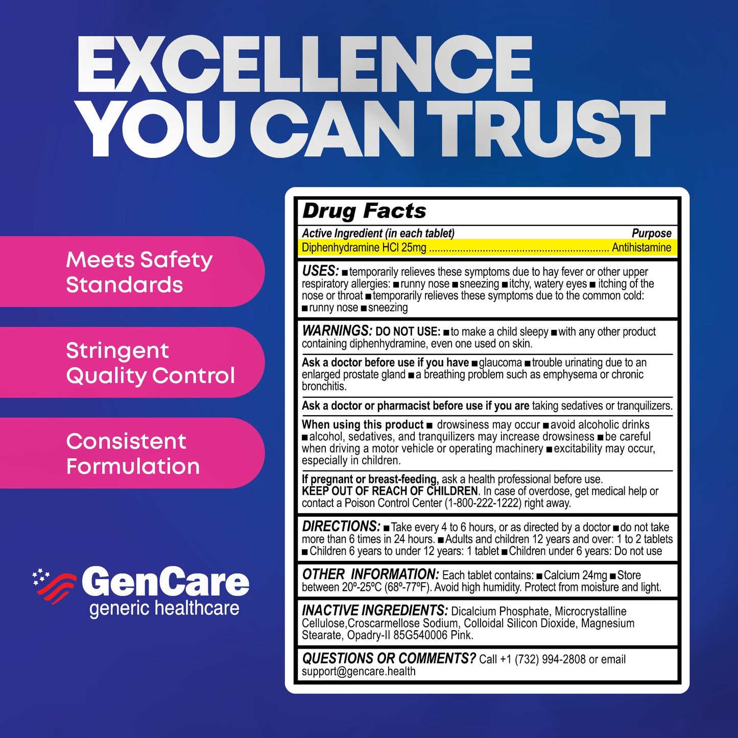 Authentic GenCare over the counter antihistamine tablets container closed cap.
