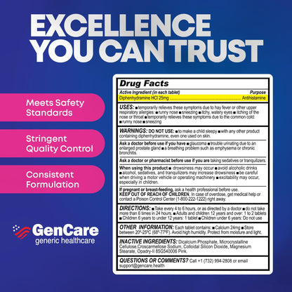 Authentic GenCare over the counter antihistamine tablets container closed cap.