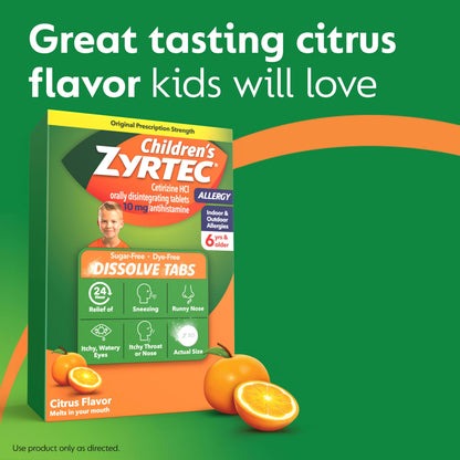 Childrens Zyrtec 10 mg Cetirizine HCl citrus flavor box side details