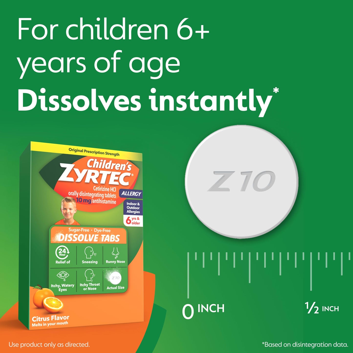 Zyrtec pediatric dye free sugar free citrus flavor tablets close up