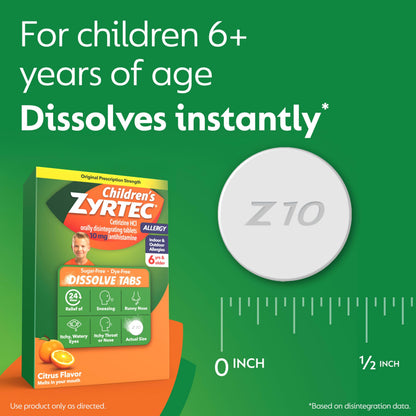 Zyrtec pediatric dye free sugar free citrus flavor tablets close up