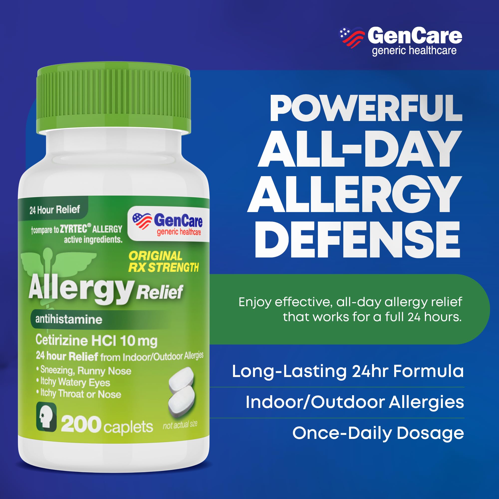 GenCare 24 hour antihistamine tablets showing active ingredient facts and dosage directions