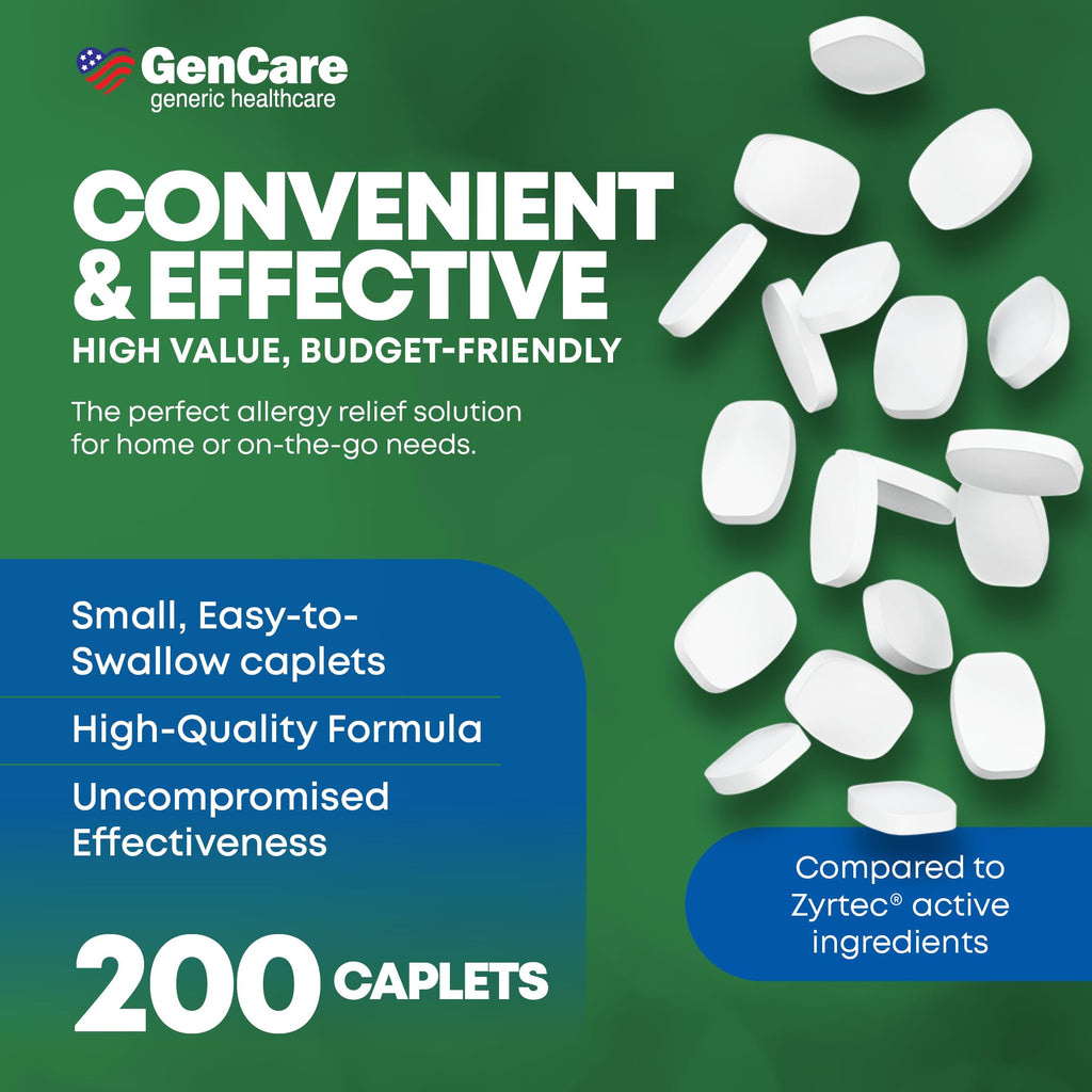 GenCare cetirizine 10 milligram bulk bottle containing 200 allergy relief caplets side panel