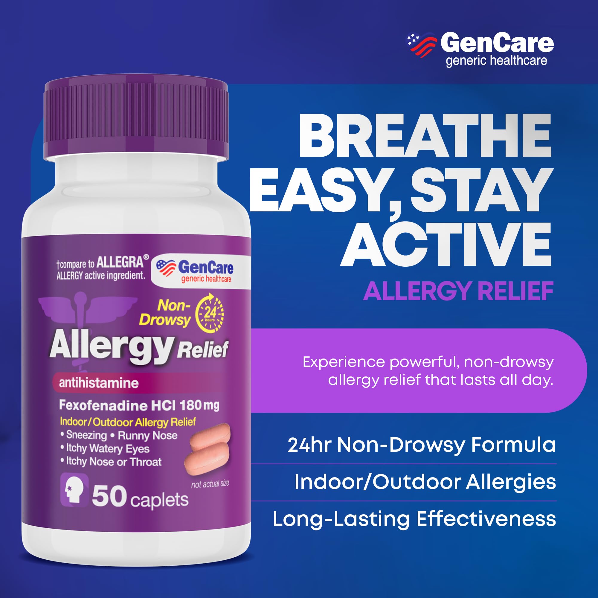 GenCare Fexofenadine Hydrochloride 180mg bottle side angle highlighting 24 hour indoor outdoor allergy support.