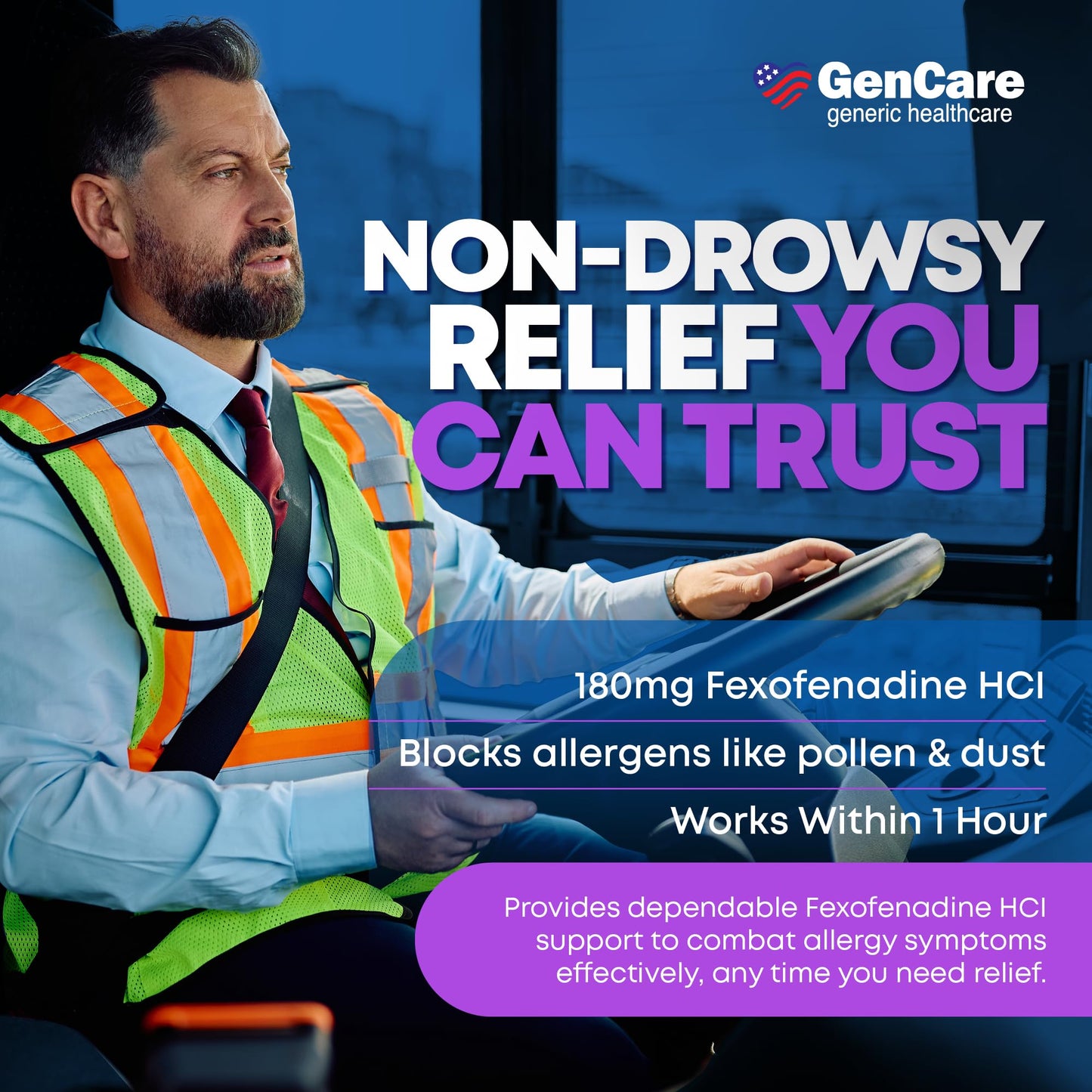 Close up of GenCare non drowsy allergy medicine bottle details regarding itchy eyes nose and throat relief.