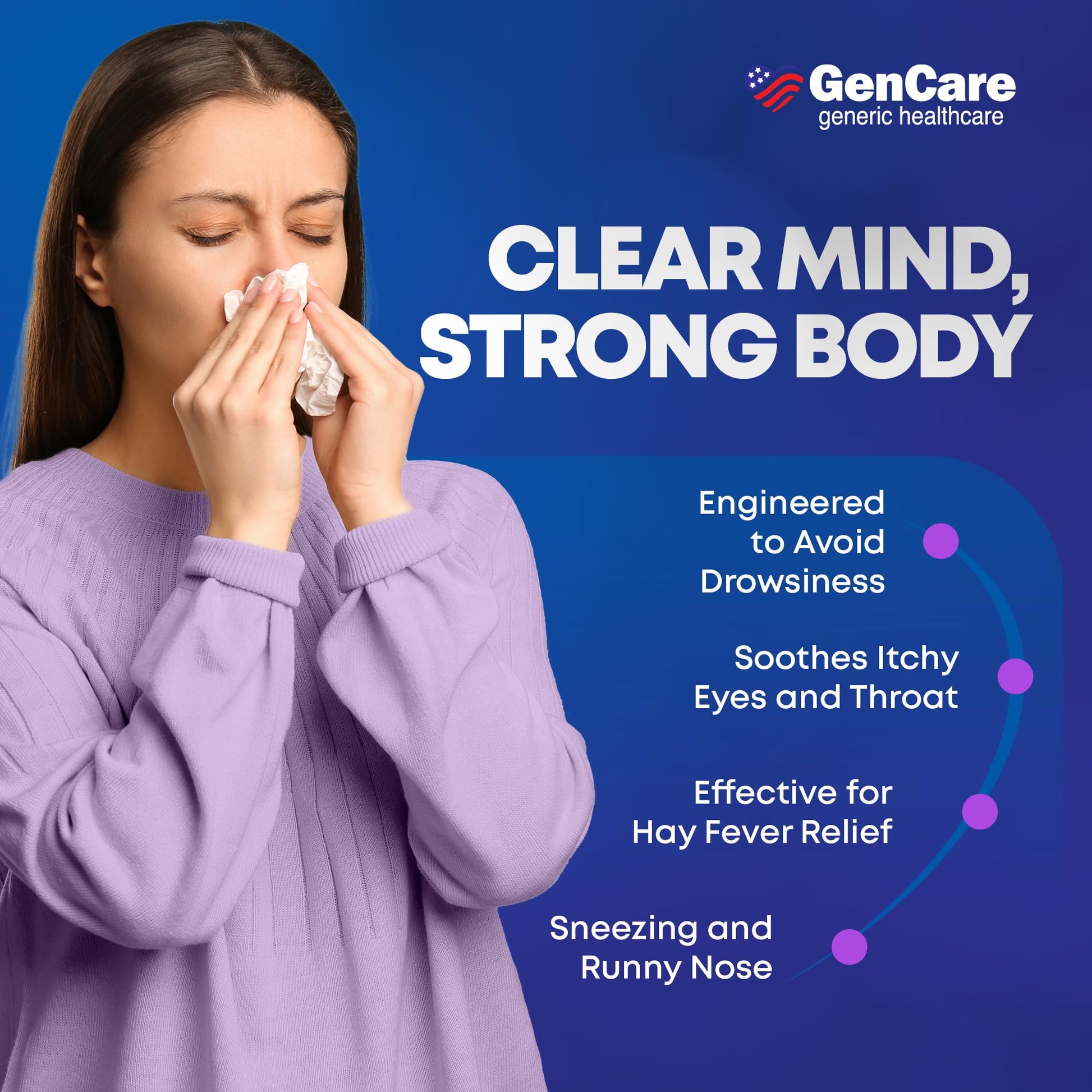 Back label of GenCare allergy relief container displaying drug facts dosage instructions and warnings.
